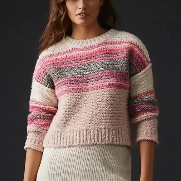 Pilcro Boho Boxy Fit Cropped Sweater Chunky Knit Wool Blend Pink Stripe Slouchy - Picture 1 of 10